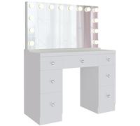 Coiffeuse Lerona avec Miroir Hollywood et éclairage LED, Table de Maquillage avec 7 tiroirs, Prises USB, Design Moderne, Couleur Blanc