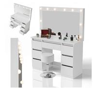Coiffeuse Lilia avec miroir LED + tabouret Tonia - Table de maquillage avec rangements - Blanc