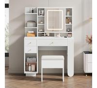 Coiffeuse Lumineuse avec Miroir Et Tabouret - Coiffeuse Moderne avec Luminosité Réglable, Tiroirs Et Étagère Ouverte, Blanche, 100 × 40 × 138 cm