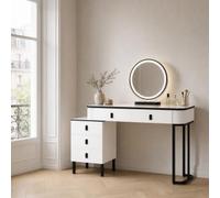 Coiffeuse Miroir LED 360° Pivotant, 5 Tiroirs Caisson Réglable, Noir Blanc | Miroir pivotant 360° pour une vue parfaite, caisson modulable, noir et blanc intemporel pour un style affirmé.