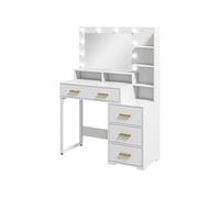 Coiffeuse miroir LED 9 ampoules - 4 tiroirs, 3 niches, 4 étagères - dim. 100 x 40 x 138 cm - poignées métal doré blanc Blanc