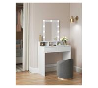 VASAGLE Coiffeuse avec miroir et LED, 2 tiroirs, 3 compartiments, SANS TABOURET, 80 x 40 x 145 cm, style moderne, blanc