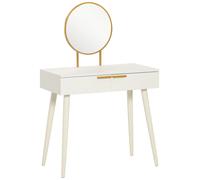 Coiffeuse miroir rond style Art déco - 2 tiroirs - piètement effilé bois - métal doré effet bois blanc