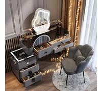 Coiffeuse miroir style Hollywood avec 5 tiroirs en bois massif, station de charge sans fil, haut-parleur Bluetooth, plateau en verre, chaise - coiffeuse