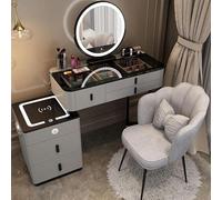 Coiffeuse moderne avec capteur tactile LED, miroir rond et tiroirs, commode élégante et compacte pour chambre à coucher, 100 cm