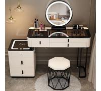 Coiffeuse moderne avec capteur tactile LED, miroir rond et tiroirs de rangement, commode compacte pour chambre à coucher, 80 cm, coiffeuse élégante avec tabouret
