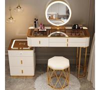 Coiffeuse moderne avec capteur tactile, lumière LED, miroir rond et tiroirs, commode compacte pour chambre à coucher avec tabouret, 100 cm, design élégant
