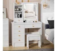 Coiffeuse Moderne avec Miroir Coulissant, 6 Tiroirs et Rangements Cachés, Tabouret Rembourré - Table de Maquillage Blanche pour Chambre ou Dressing (6 tiroirs avec lumière)