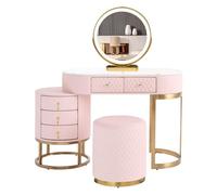 Coiffeuse Moderne avec Miroir LED, 3 LuminositéS RéGlable, Table De Maquillage avec Tabouret, Coiffeuse Moderne avec Tiroirs, 1 Armoire, Assemblage Flexible, Meuble Chambre