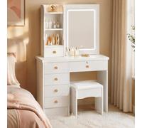Coiffeuse Moderne avec Miroir Lumineux Coulissant à 3 Luminosités Réglables, Ensemble Meuble de Maquillage avec 6 Tiroirs et Rangements Cachés, Tabouret Rembourré pour Maison et Dortoir UE