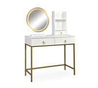 Coiffeuse moderne avec miroir rond lumineux Oracle L90cm Blanc et Or