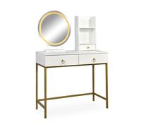 Coiffeuse moderne avec miroir rond lumineux Oracle L90cm Blanc et Or