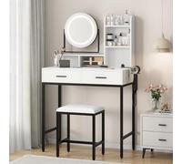 Coiffeuse Moderne Réglable avec Miroir Rotatif à 360°, Table De Maquillage avec Prise Et Ports USB, 2 Tiroirs, Étagères, Tabouret Confortable pour Chambre Ou Dressing