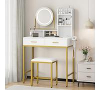 Coiffeuse Moderne Réglable avec Miroir Rotatif à 360°, Table De Maquillage avec Prise Et Ports USB, 2 Tiroirs, Étagères, Tabouret Confortable pour Chambre Ou Dressing