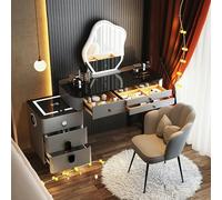 Coiffeuse multifonction tout-en-un avec miroir et tabouret, charge sans fil, Bluetooth et rangement visuel (ensemble de commode grise)