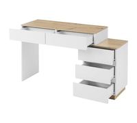 Coiffeuse multifonctionnelle avec cinq tiroirs, coiffeuse avec lignes claires, surface aspect chêne, table cosmétique pour ranger et organiser des choses personnelles dans la chambre à coucher