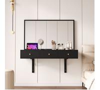 Coiffeuse murale avec miroir,3 tiroirs et prises intégrées,support pour tablette,porte-verres,100×105×45 cm,Noir