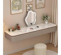 Coiffeuse murale flottante en bois massif avec tiroirs, table de maquillage murale entièrement assemblée, bureau aux coins arrondis chambre,table seule(Khaki+Oak+Sintered Stone Top,60cm/23.6in)
