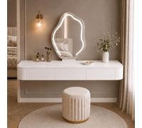 Coiffeuse Murale Suspendue, Table De Maquillage Murale en Bois Massif | Bois Massif, Coins Arrondis, Glissières Silencieuses Et Rangement Discret - Chambre, Dressing(White+Sintered Stone,100cm)