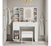 Coiffeuse - Novélys - 100cm - Miroir LED 3 Couleurs & Tabouret - Rangement Intelligent avec Armoire Latérale Cachée - Blanc & Or