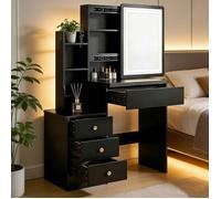 Coiffeuse Plateau Double Niveau, Miroir LED Tactile Réglable, 4 Tiroirs, 33x80,5x125,5 cm, Noir