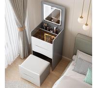 Coiffeuse Pliante éclairée avec Rangement, Miroir LED en 3 Couleurs, Coiffeuse avec tiroir et Tabouret, Table cosmétique compacte Grise de 48 cm