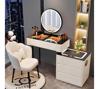 Coiffeuse pour chambre à coucher avec éclairage miroir rotatif à LED - Table de dressing avec tiroirs - Petite vanité avec station de charge - Organisateur de maquillage pour filles et femmes (blanc