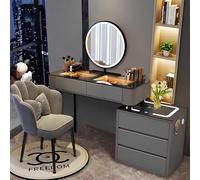 Coiffeuse pour chambre à coucher avec éclairage miroir rotatif à LED - Table de dressing avec tiroirs - Petite vanité avec station de charge - Organisateur de maquillage pour filles et femmes (gris