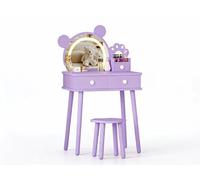 Coiffeuse pour enfant avec tabouret, ours miroir rose, commode en MDF | LED tactile 3 couleurs, protection anti-basculement pour plus de sécurité, deux tiroirs pour cosmétiques, bords arrondis