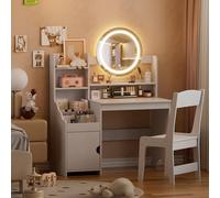 Coiffeuse pour Enfants 2 en 1 Coiffeuse Enfant Fille en Bois avec Miroir LED et Tabouret Moderne Vanity Coiffeuses Petite Fille avec Rangement Dispositif Anti-basculement pour Enfant de 5 Ans+ (Blanc)