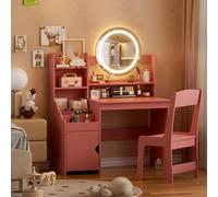 Coiffeuse pour Enfants 2 en 1 Coiffeuse Enfant Fille en Bois avec Miroir LED et Tabouret Moderne Vanity Coiffeuses Petite Fille avec Rangement Dispositif Anti-basculement pour Enfant de 5 Ans+ (Rose)
