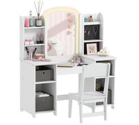 AIYAPLAY Coiffeuse pour Enfants avec Tabouret et Miroir LED, Coiffeuse Fille en Bois avec tiroirs en Tissu, étagères Ouvertes et Crochets à Bijoux, Table de Maquillage pour 3 à 8 Ans, Blanc