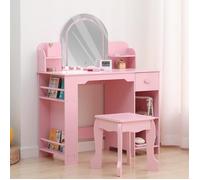 Coiffeuse pour Enfants avec Tabouret et Miroir LED,Petite Table De Maquillage avec Tiroir Et 2 Compartiments Ouverts,3-6 Ans, Rose