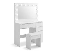 Coiffeuse Relaxdays miroir LED et tabouret 4 tiroirs et placard H x L x P = 140 x 105 x 40 cm blanche