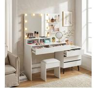 Coiffeuse Relaxdays miroir LED et tabouret 5 tiroirs H x L x P : 143 x 150 x 38 cm blanche