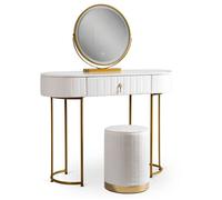 Coiffeuse SARAH avec miroir, éclairage LED et pouf, blanc/or, cosmétique, glamour moderne