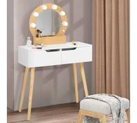 IDMarket - Coiffeuse scandinave 2 tiroirs HORIA Bois et Blanc avec Miroir LED