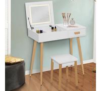 Coiffeuse Scandinave Lisa Blanche Miroir Rabattable Led Et Tabouret Blanc