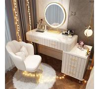 Coiffeuse Set avec Grand Miroir et LED Lumière, Luminosité et Température de Couleur Réglables, Moderne Table de Maquillage avec 5 Tiroirs, Chaise, 80/100 * 40 * 76 CM