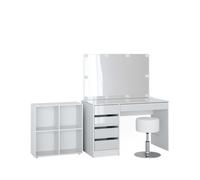 Vicco Coiffeuse Sherry, Blanc, 120cm 4 pièces, avec étagère sur Pied, Miroir, Tabouret, LED