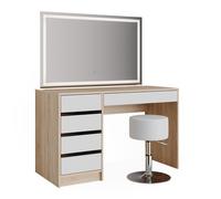 Vicco Coiffeuse Sherry, Blanc/Sonoma, 120cm avec Miroir LED et Tabouret, avec éclairage LED et Tabouret rembourré