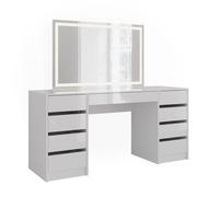 Vicco Coiffeuse Sherry, Blanc/Blanc Brillant, 158.2cm avec Miroir LED, avec Grande Surface de Miroir et Tablette latérale