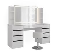 Vicco Coiffeuse Sherry, Blanc/Blanc Brillant, 158.2cm 5 Parties, avec éclairage LED et Banquette rembourrée