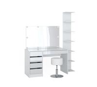 Coiffeuse Sherry, 4 pièces, avec étagère de rangement, miroir, tabouret, LED, Blanc, Vicco 41627