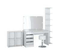 Coiffeuse Sherry, 5 pièces, avec étagère de rangement, étagère sur pied, miroir, tabouret, LED, Blanc, Vicco 41637