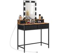 Coiffeuse style industriel - miroir LED réglable - 4 tiroirs tissu - acier noir aspect bois vieilli