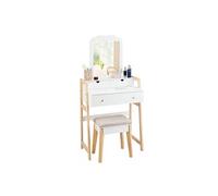 coiffeuse giantex table de maquillage à 2 niveaux avec 3 tiroirs 1 miroir ( hauteur réglable ) et 1 tabouret rembourré blanche Blanc G
