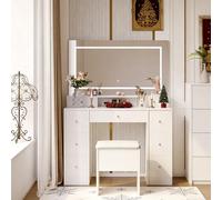 Coiffeuse, Table de Maquillage avec Miroir LED réglable au Toucher et Tabouret, Commode Moderne avec 9 tiroirs pour Chambre à Coucher, Salon, Blanc (110 x 40 x 150 cm)