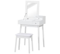 HOMCOM Coiffeuse Table de Maquillage avec Tabouret Miroir Rabattable Coffre + 2 tiroirs MDF Bois Massif pin Blanc