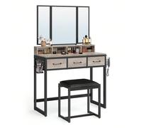 Coiffeuse, Table de Maquillage avec Tabouret Rembourré, avec Miroir Triple, 3 Tiroirs, Porte-sèche-Cheveux, Pot, Style Industriel, Grège et Noir [Multiples Espaces] 1 espace rehaussé pour les parfums,